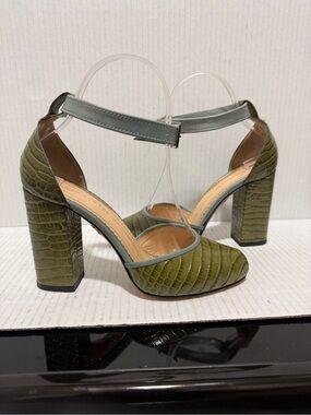 Charlotte Olympia Green Croc Embossed Leather Peep Toe Shoes Pin up Sz 35 5 US